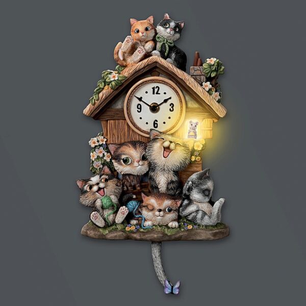 Frolicking Felines Fully Sculpted HandPainted Cat Themed Cuckoo Clock Sculpture No A0021